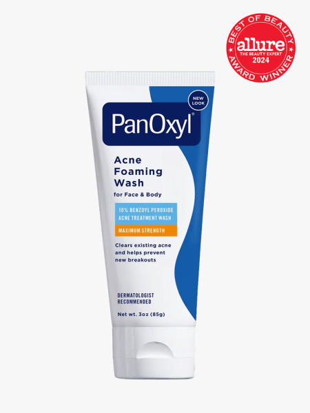 Panoxyl Acne Foaming Wash in branded component with best of beauty seal in the top right corner on a light gray background